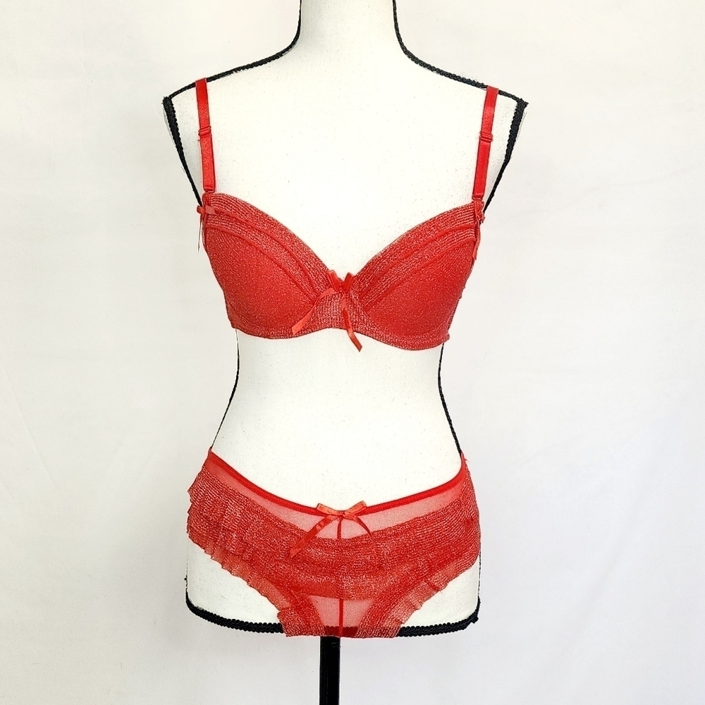 NWOT Sexy Red Shimmery Mesh Ruffle Bow Accents Lingerie Set